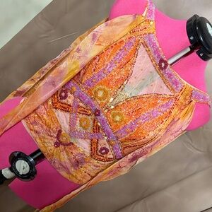 Embellished Beaded Halter Top in Orange & Pink